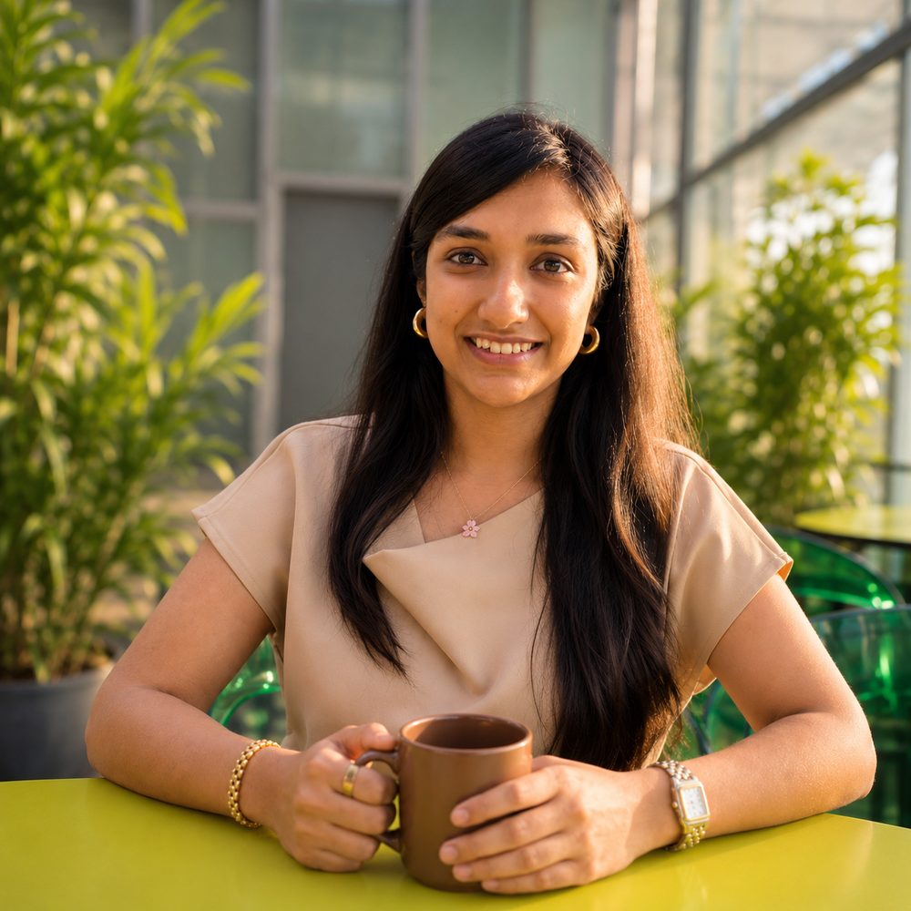 Priyanka Agarwal with a coffee, at a table by a window